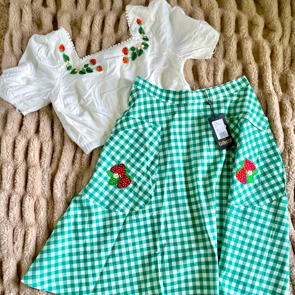 Vintage cottagecore inspired strawberry gingham skirt and top set collectif